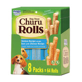 INABA Churu Rolls for Dogs, Soft & Chewy Baked Chicken Wrapped Filled Dog Treats with Vitamin E, 0.42 Ounces Each Stick, 64 Sticks (8 per Pack), Chicken with Cheese Recipe